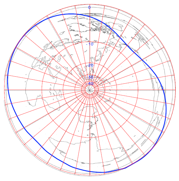 Figure 3 Radiation pattern of the 10m sloper at 28.5MHz. The pattern has been orientated over the great circle map centred on Northam, Western Australia. 